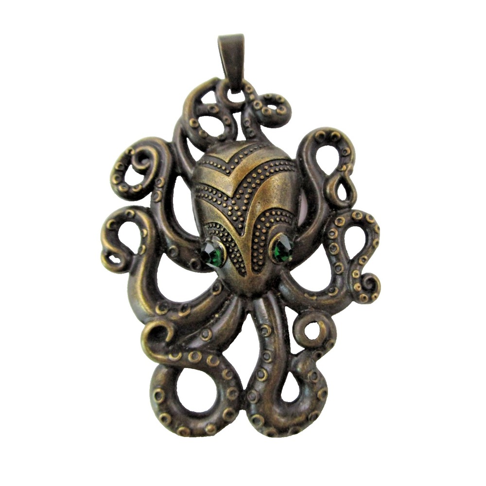Vintage Octopus Large Pendant for Necklace Tentacles & Green Eyes Aged Brass